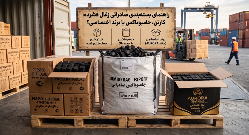 مقایسه‌ی سه روش بسته‌بندی صادراتی زغال فشرده در محوطه‌ی بندر؛ کارتن‌های ۱۰ کیلوگرمی، جامبوباکس صادراتی Made in Iran و کارتن برند اختصاصی Aurora Charcoal روی پالت چوبی در کنار کانتینرهای صادراتی