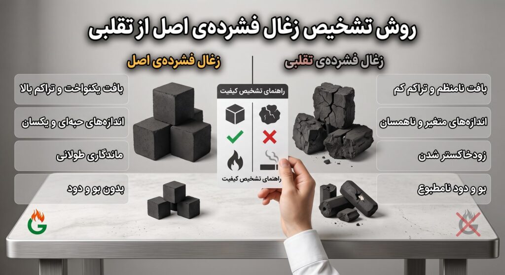 مقایسه‌ی زغال فشرده‌ی اصل و تقلبی؛ سمت راست زغال ترک‌خورده و ناهمسان تقلبی و سمت چپ زغال مکعبی یکدست و اصل فرداد