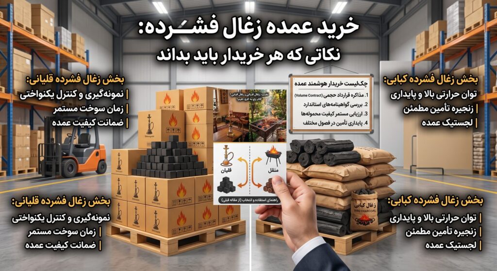 انبار خرید عمده زغال فشرده قلیانی و کبابی فرداد؛ چکلیست خریدار هوشمند عمده و مقایسهی زغال قلیان و زغال کبابی روی پالتهای آمادهی ارسال