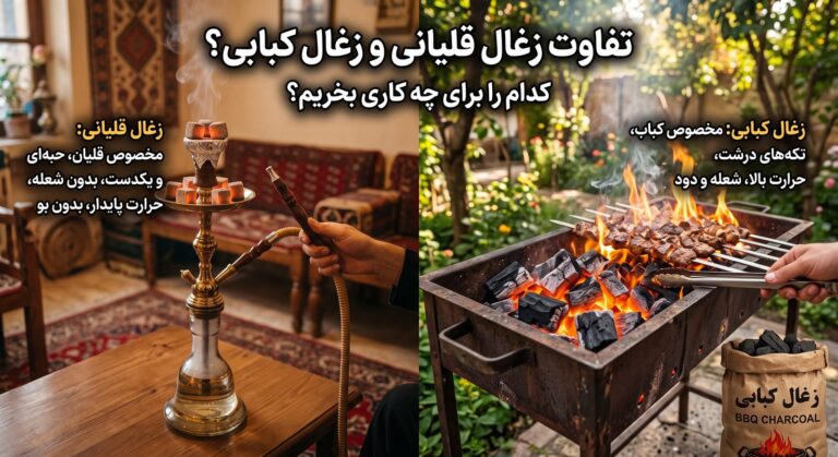 مقایسه‌ی زغال قلیانی و زغال کبابی؛ سمت راست منقل شعله‌ور برای کباب و سمت چپ سر قلیان با زغال فشرده روشن