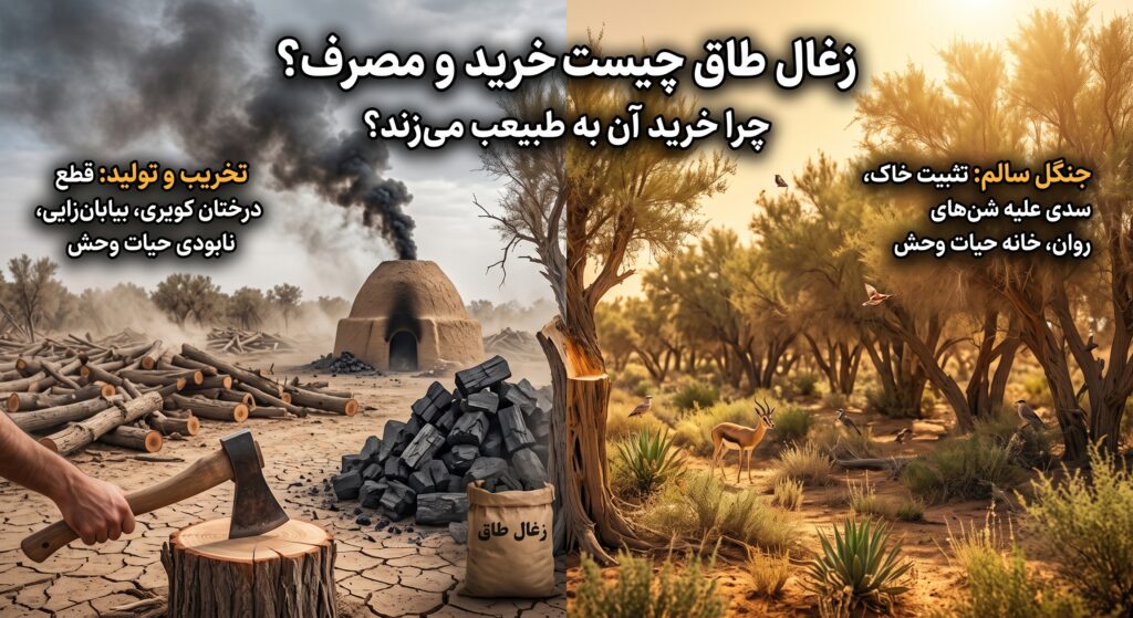مقایسهی تصویری تخریب جنگل کویری بر اثر قطع درخت طاق برای تولید زغال طاق در برابر جنگل سالم تاغ با حیات وحش زنده؛ زغال طاق چیست و چرا خرید و مصرف آن به طبیعت آسیب میزند