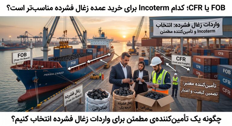 مقایسه‌ی اینکوترم FOB و CFR در بارگیری کانتینری زغال فشرده صادراتی در بندر؛ کارشناسان صادرات در حال بررسی زغال فشرده درجه‌یک پیش از بارگیری روی کشتی باربری