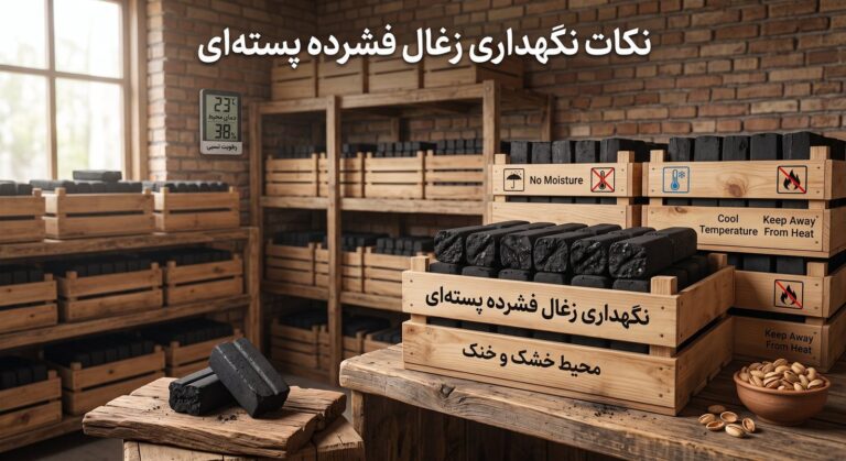 انبار استاندارد نگهداری زغال فشرده پسته‌ای فرداد با کنترل رطوبت و دمای محیط، قفسه‌بندی چوبی منظم و بسته‌بندی جامبوباکس صادراتی دور از رطوبت و منابع حرارتی