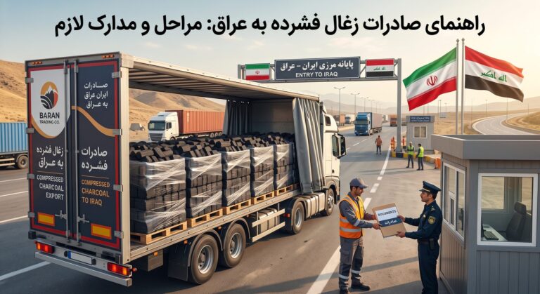 تحميل شاحنة محمّلة بمنصات الفحم المضغوط المُعبأ للتصدير عند نقطة حدودية، وتسليم مستندات التصدير لمسؤول الجمارك قبل عبور الشحنة إلى الدول العربية المجاورة لإيران